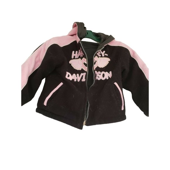 Harley Davidson Girls 5T Jacket Pink Black White Reversible Hooded Embroidered - Picture 1 of 10